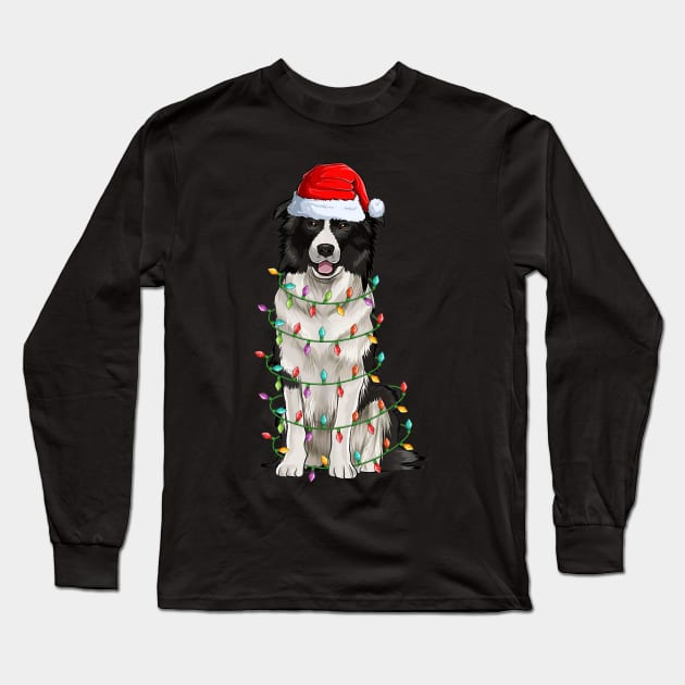 Border Collie Christmas Lights Xmas Dog Lover Long Sleeve T-Shirt by Magazine